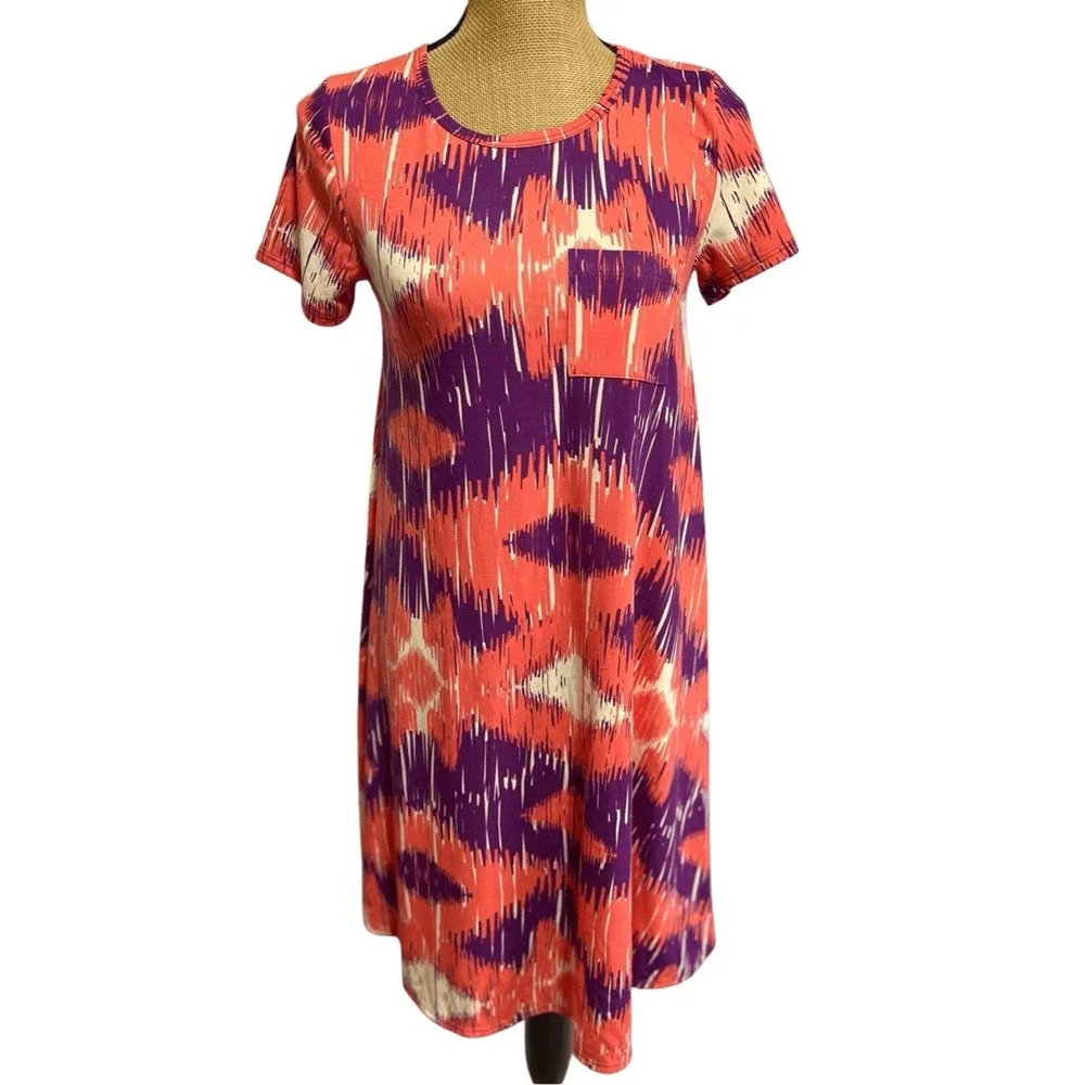 LuLaRoe Carly Swing Dress XXS Ikat Abstract Coral Purple High Low Pocket Stretch